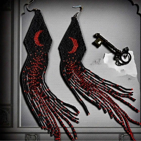 Hand Beaded Black/Red Extra Long Boho Crescent Moon Earrings - Picture 16 of 16